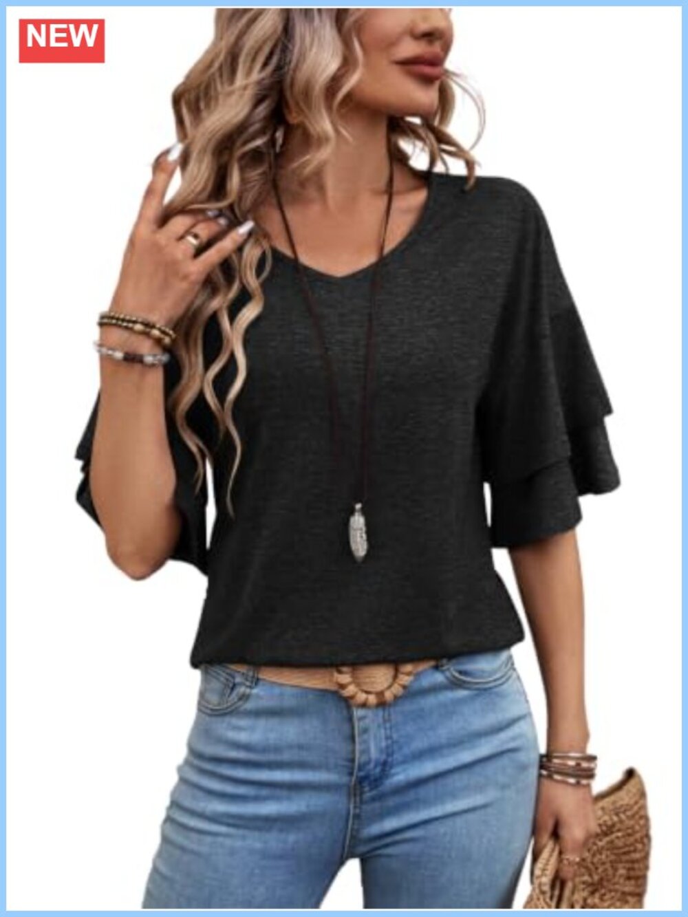 Womens Ruffle 3/4 Sleeve V Neck Blouse Dressy Casual Tunic Top